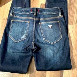 Guess distressed dark blue wash skinny jeans